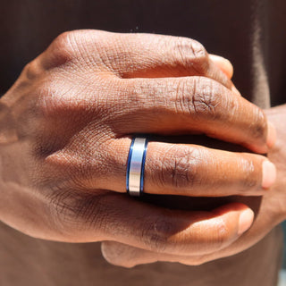 Men's Blue Lined Silver Band Ring