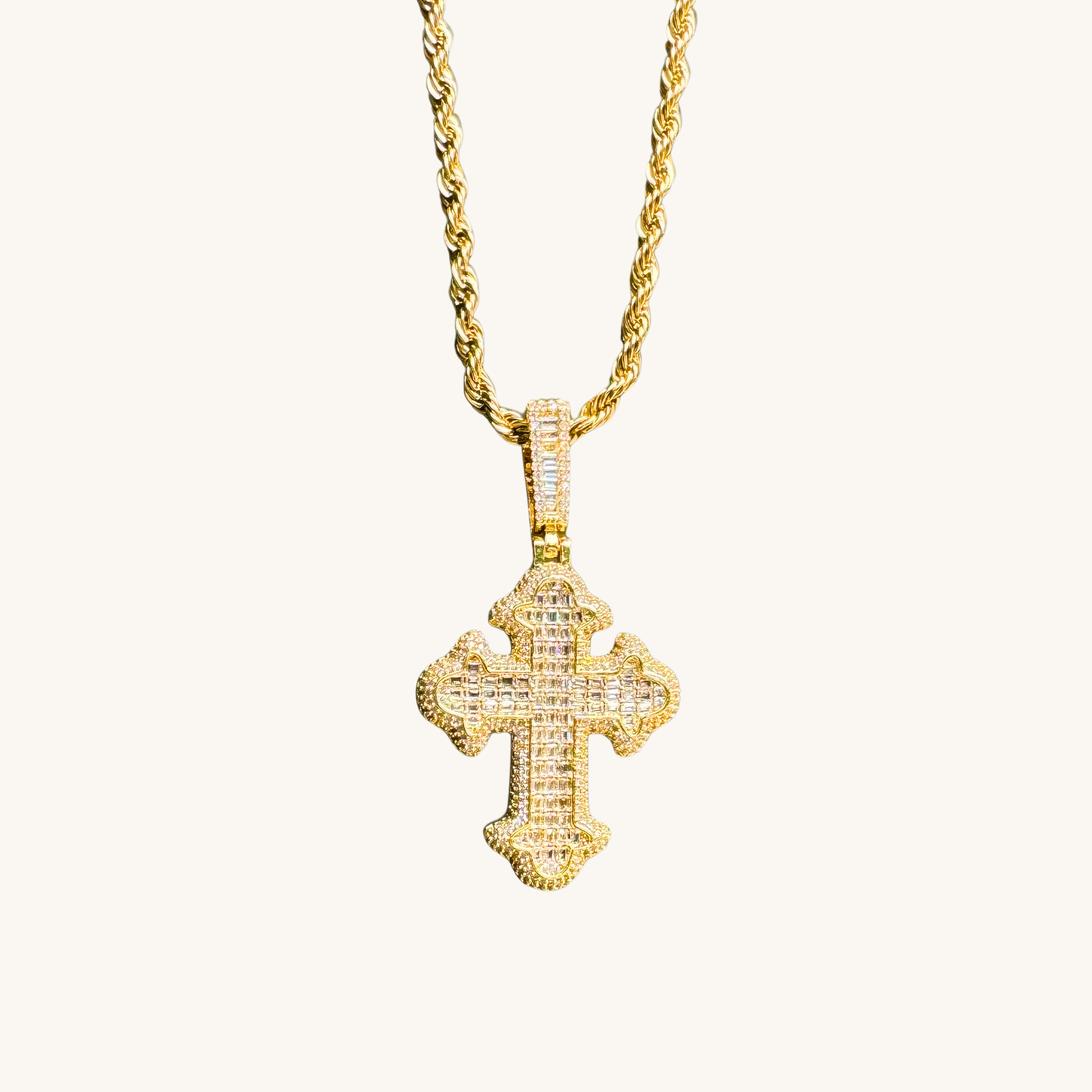 9ct Gold Cross Necklace 6mm Curb Chain – VVS Look Iced Cross Pendant