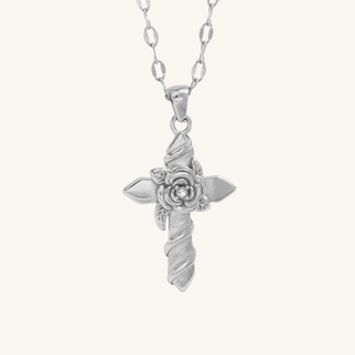 Silver Rose Embraced Cross Necklace