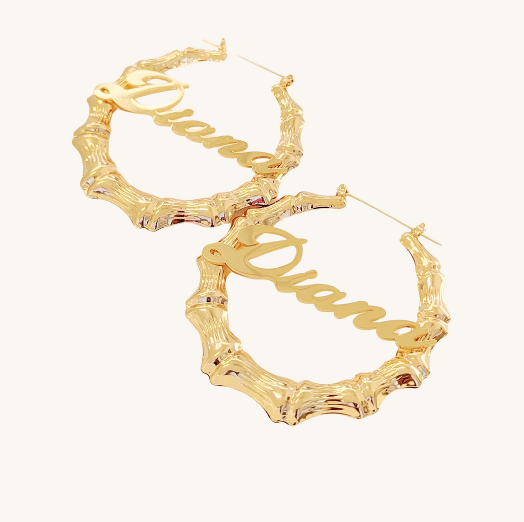 Gold Custom Bamboo Name Hoop Earrings - Main Image