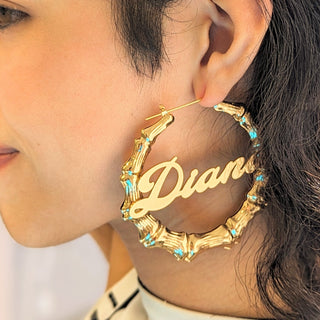 Gold Custom Bamboo Name Hoop Earrings