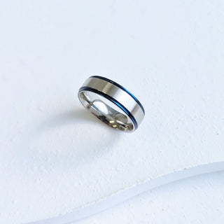Men's Blue Lined Silver Band Ring