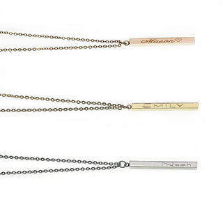 3d engraved bar necklace. 4 sided engraved bar necklace.