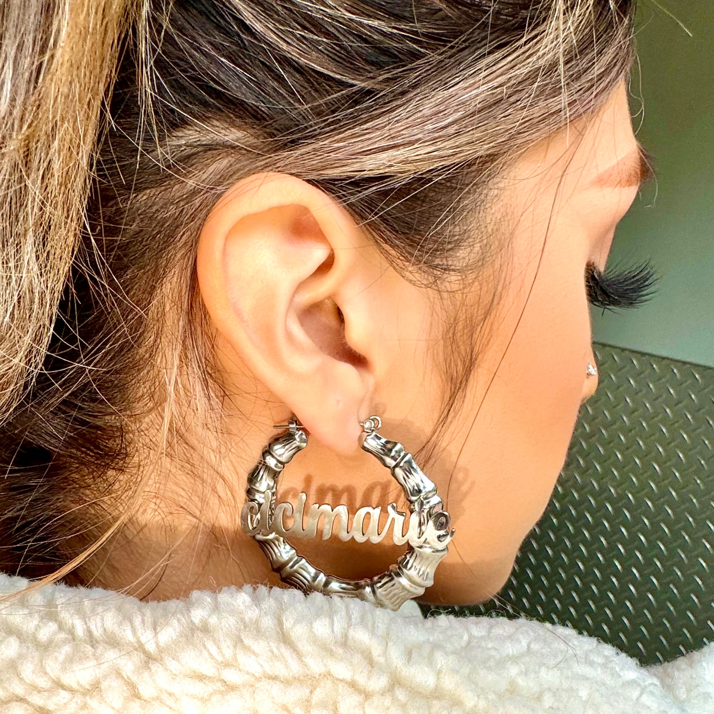 Silver Custom Bamboo Name Hoop Earrings1