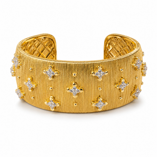 Gold Textured Crystal Clover Cuff Bracelet