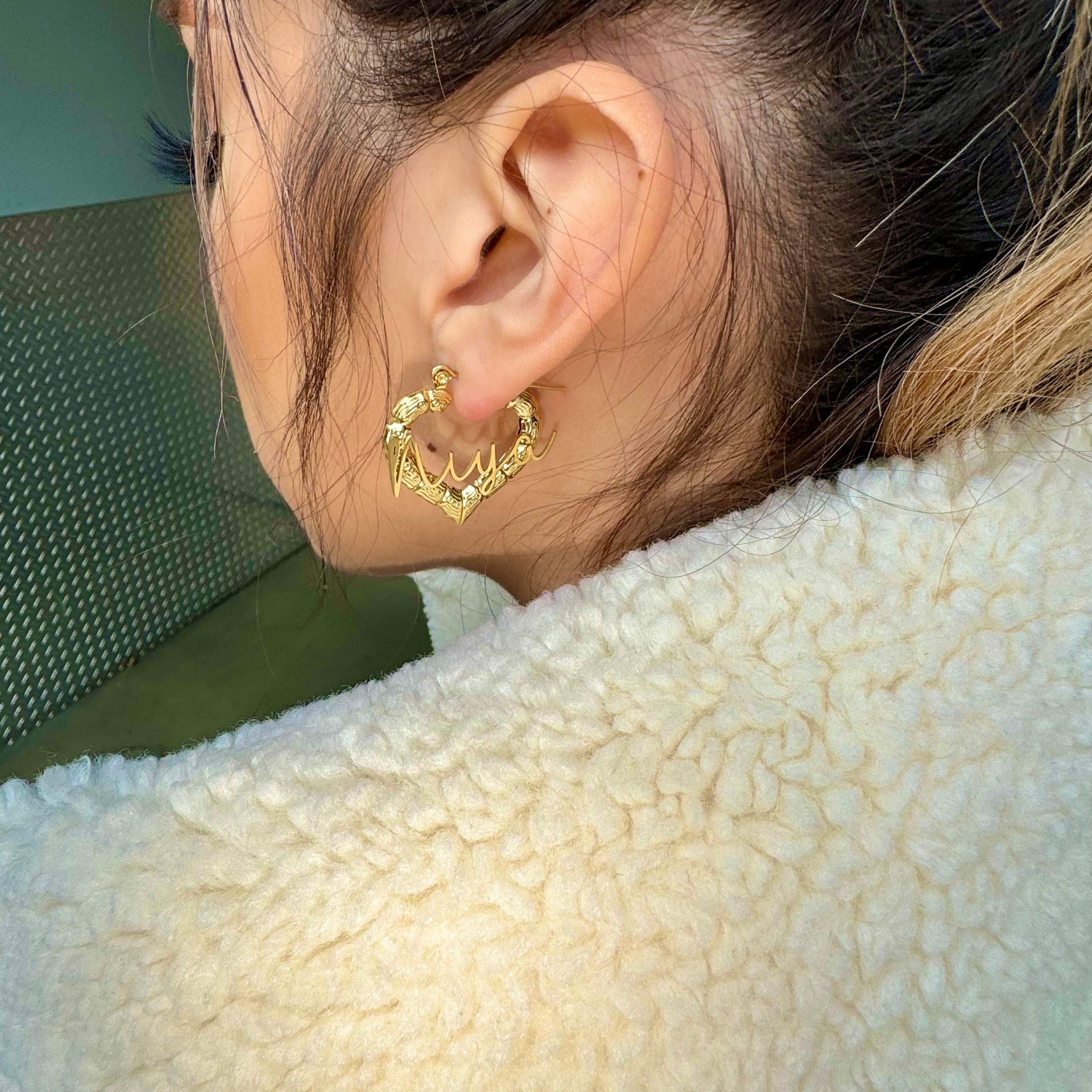 Earrings 10k Gold Real Gold Heart Bamboo Earrings 1/2