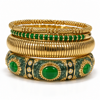 Emerald Jade Ornate Bangle Stack Set