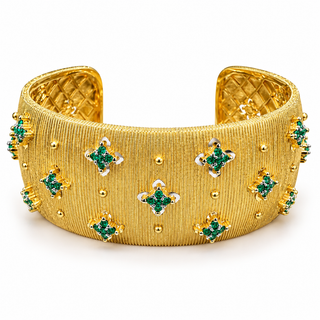 Gold Textured Emerald Clover Cuff Bracelet