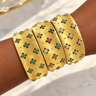 Gold Textured Emerald Clover Cuff Bracelet