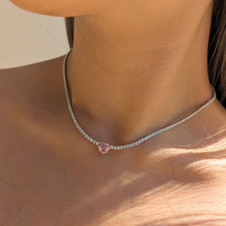 Sterling Silver Pink Heart Tennis Necklace