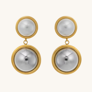 Pearl Metal Button Drop Earrings