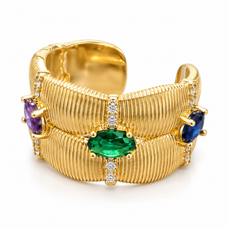 Gold Multi-Gemstone Ribbed Open Ring