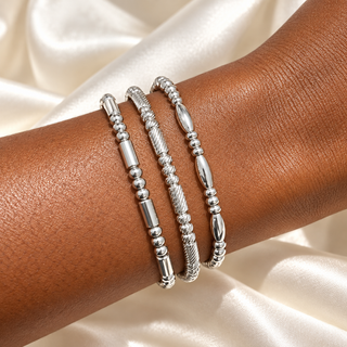 Silver Bead & Cable Stacking Bangle Set