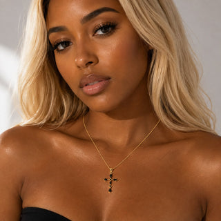 Gold Black Marquise Crystal Cross Necklace