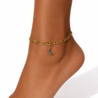 Gold Crescent Moon Figaro Chain Anklet