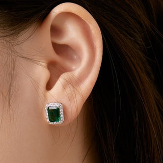 Diamond Halo Emerald Stone Stud Earrings