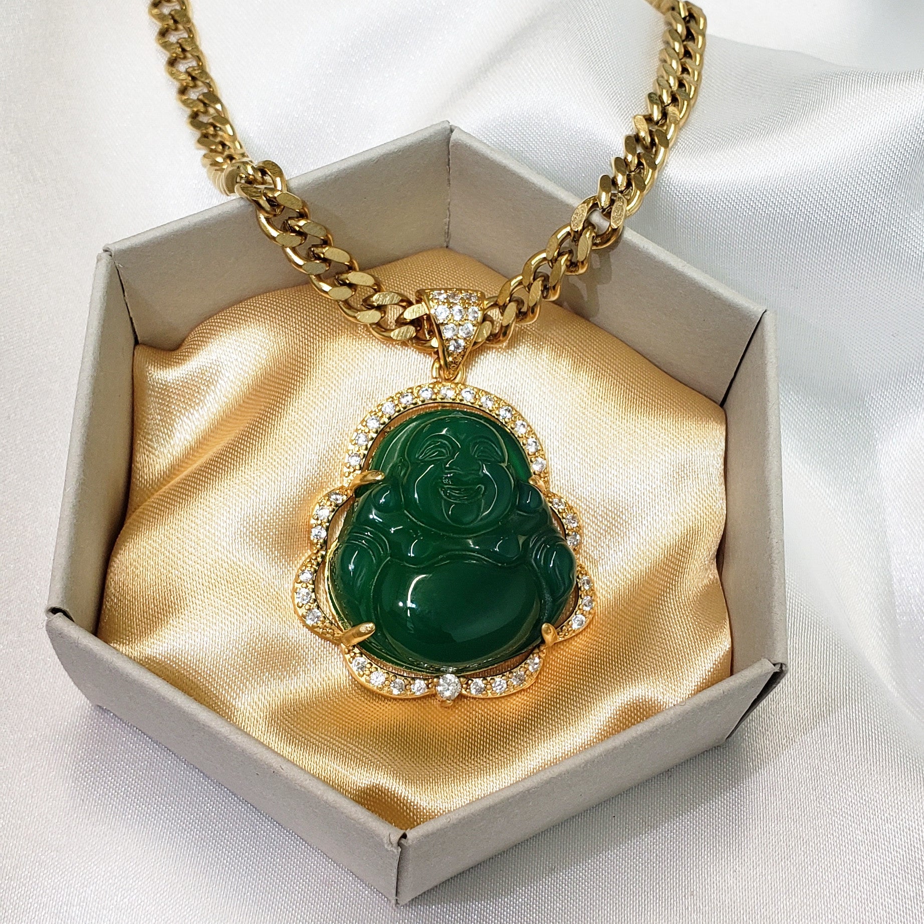 14K Gold Plated Green Jade Buddha Pendant Necklace With Lab Simulated  Diamonds | eBay