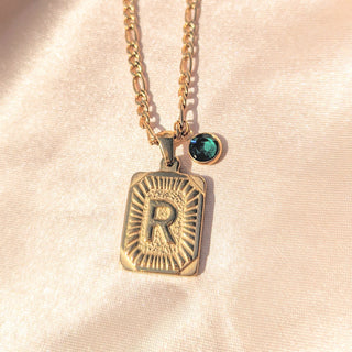 Rectangle Initial Mini Birthstone Necklace